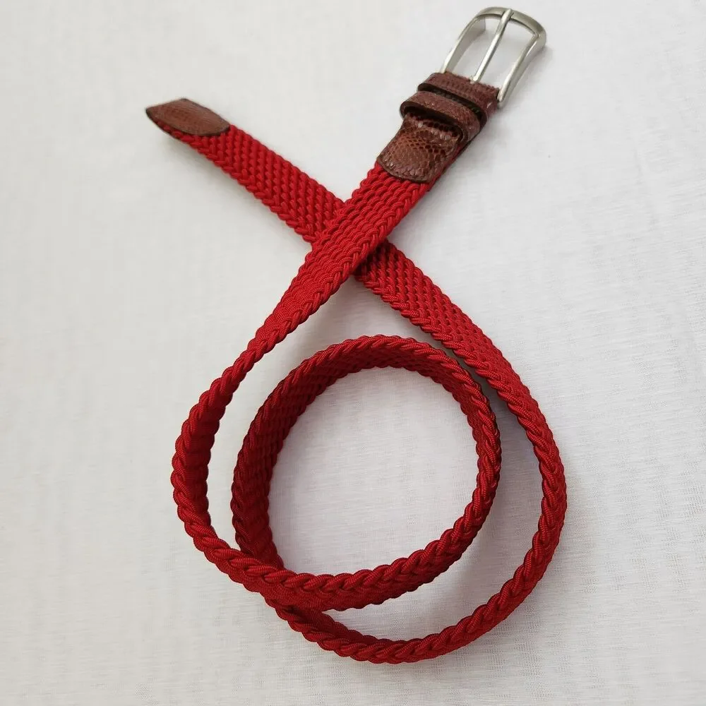 Belt Mens 36 Red Braided Stretch Leather Snake Tab Solid Silver Brass Buckle